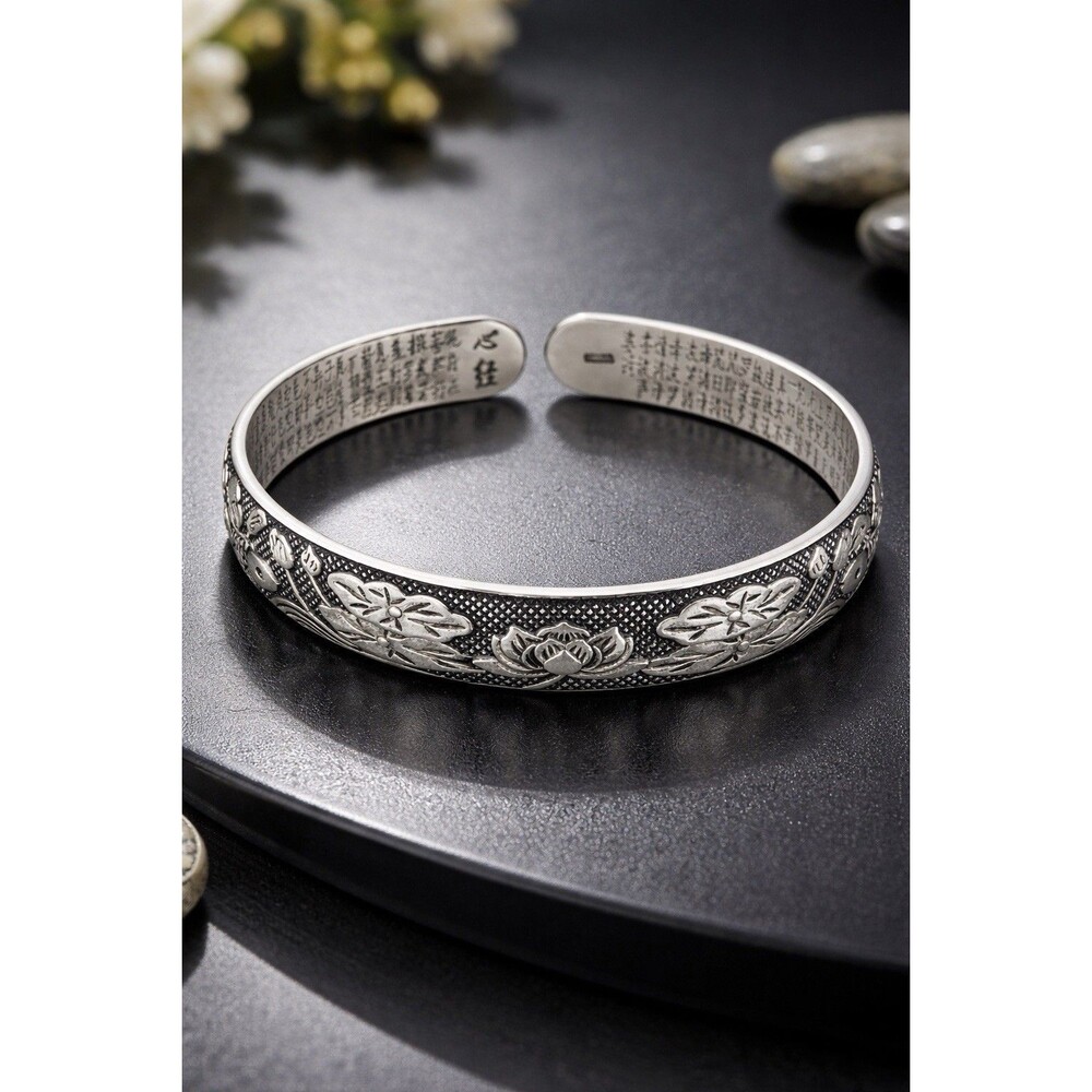 S999 Fine Silver Heart Sutra Cuff Bracelet Chinese Lotus Koi Buddhist 32g
